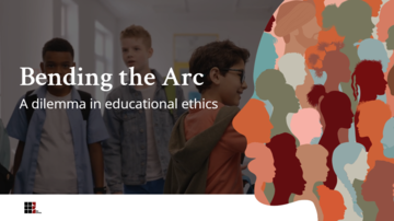 A face in profile made of human figures in different colors alongside the title "Bending the Arc: A dilemma in educational ethics"